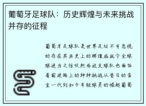 葡萄牙足球队：历史辉煌与未来挑战并存的征程