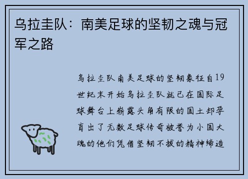 乌拉圭队：南美足球的坚韧之魂与冠军之路