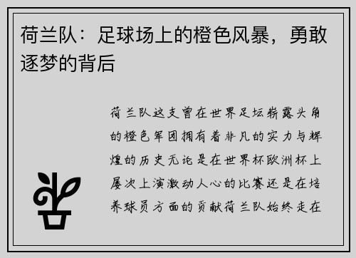 荷兰队：足球场上的橙色风暴，勇敢逐梦的背后