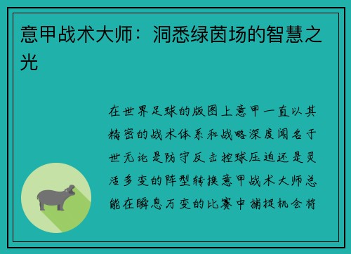 意甲战术大师：洞悉绿茵场的智慧之光